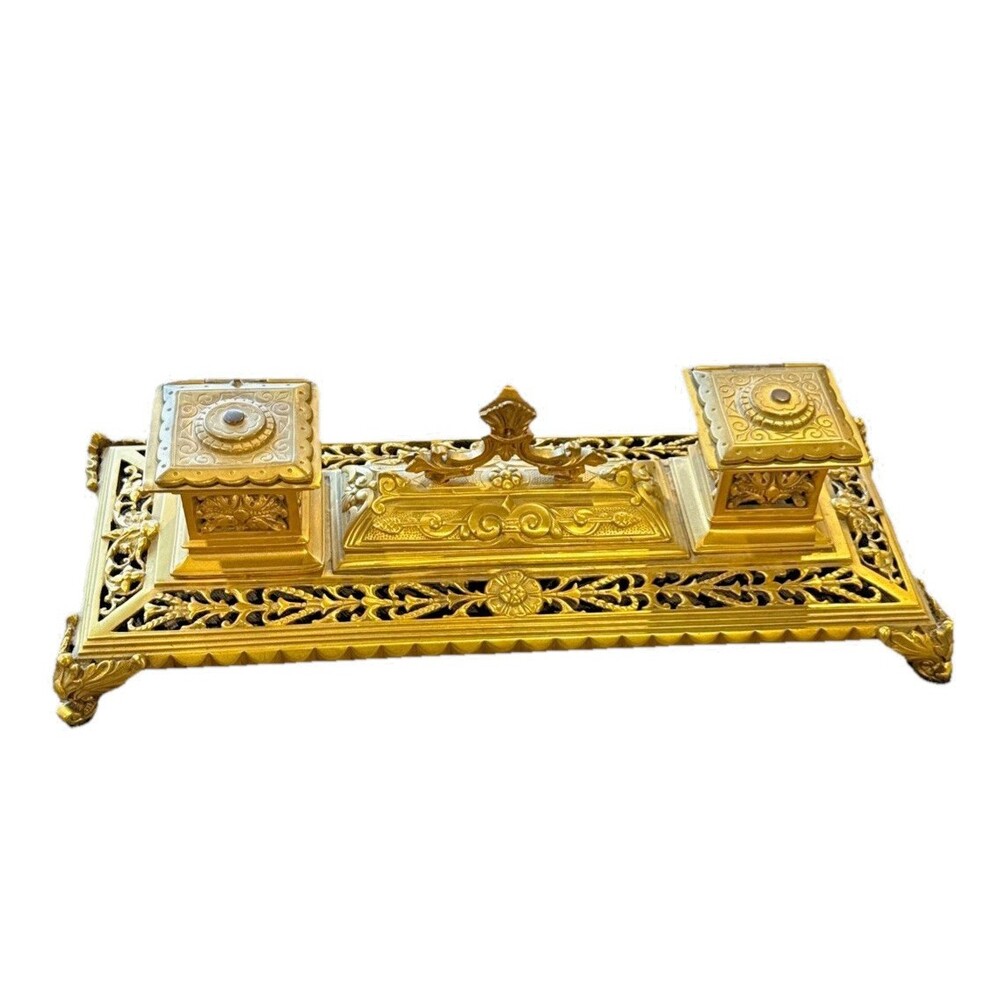 1890 Antique Gilt Bronze Double Inkwell Extraordinary Engraved Heavy Solid Vntg